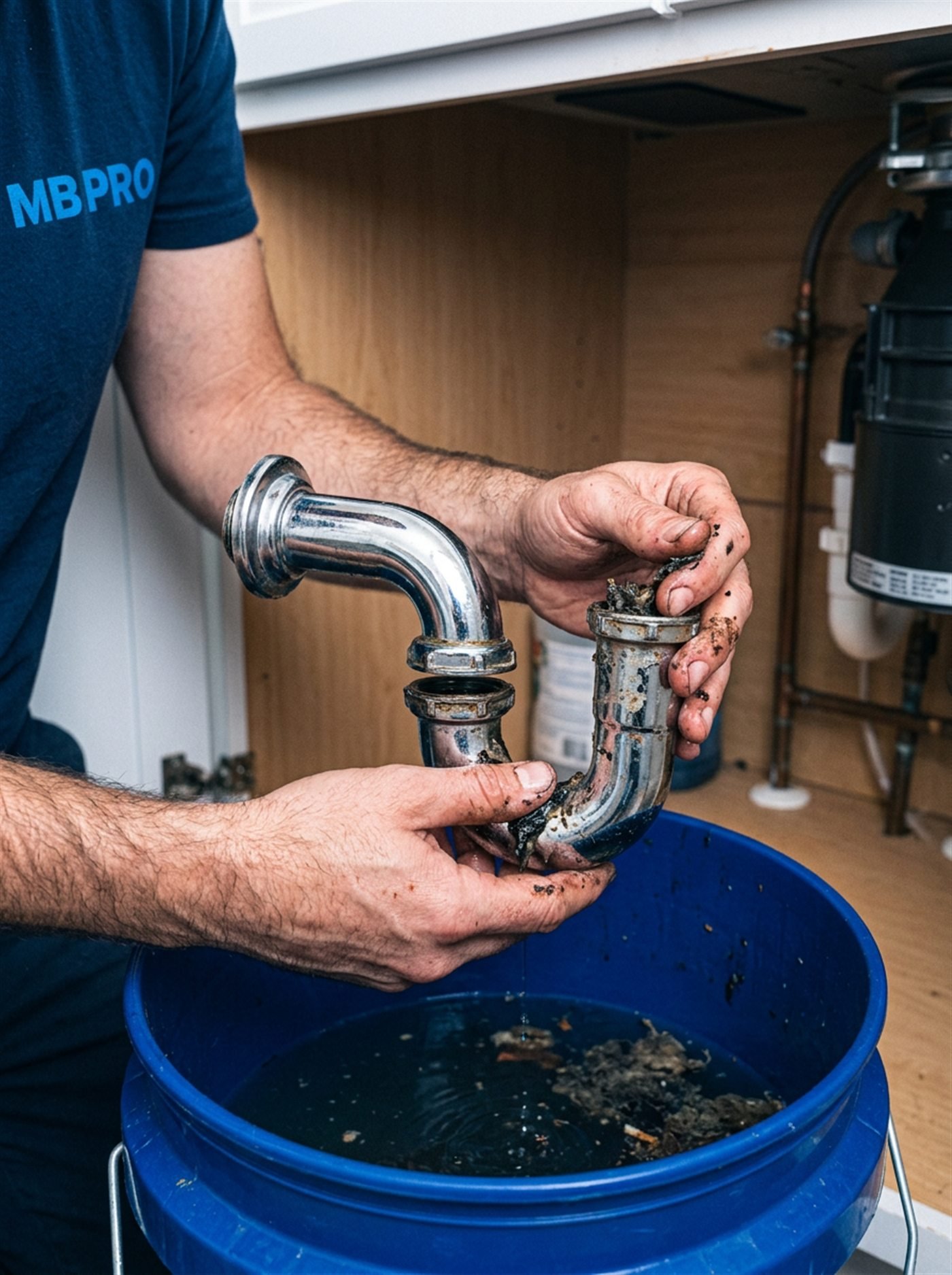 Démontage et nettoyage d'un siphon d'évier lors d'un débouchage à Marseille